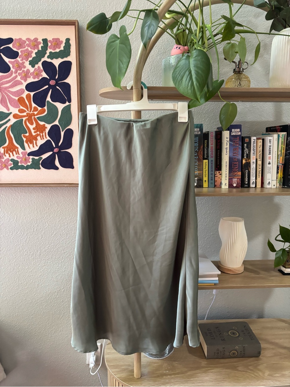 Nordstrom Olive Green Satin Midi Skirt